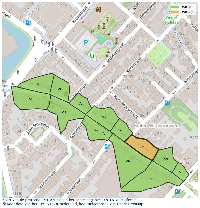 Afbeelding van het postcodegebied 3581 AM op de kaart.