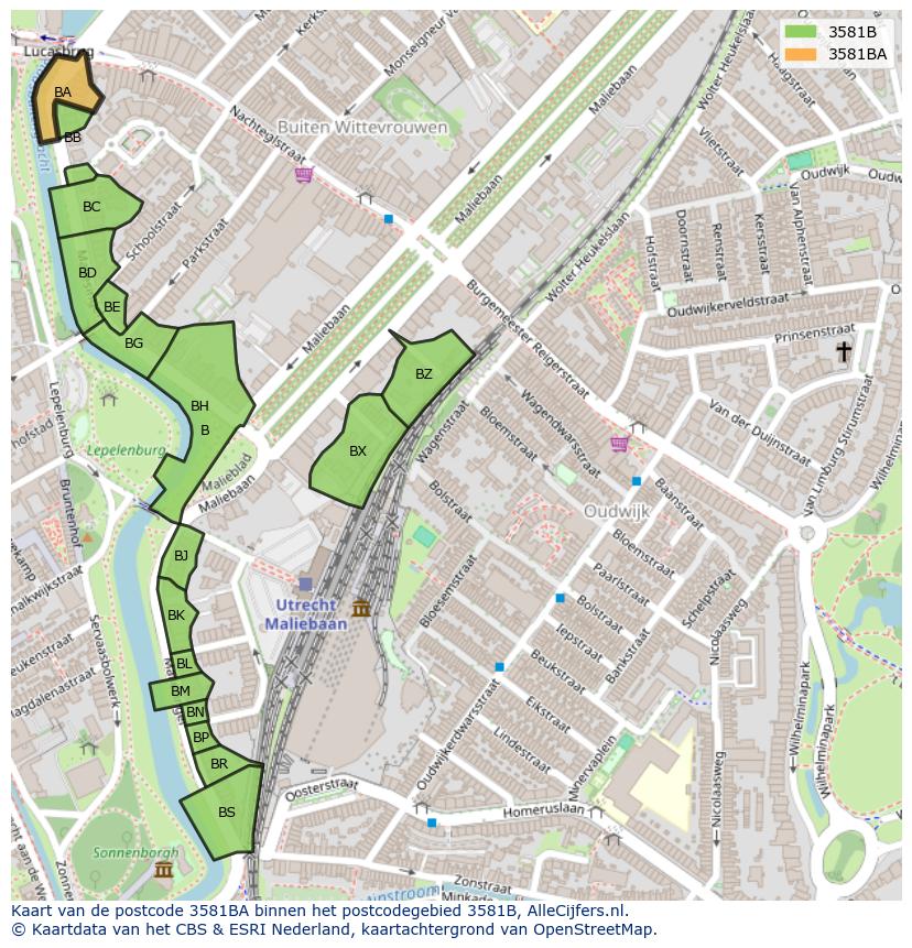 Afbeelding van het postcodegebied 3581 BA op de kaart.