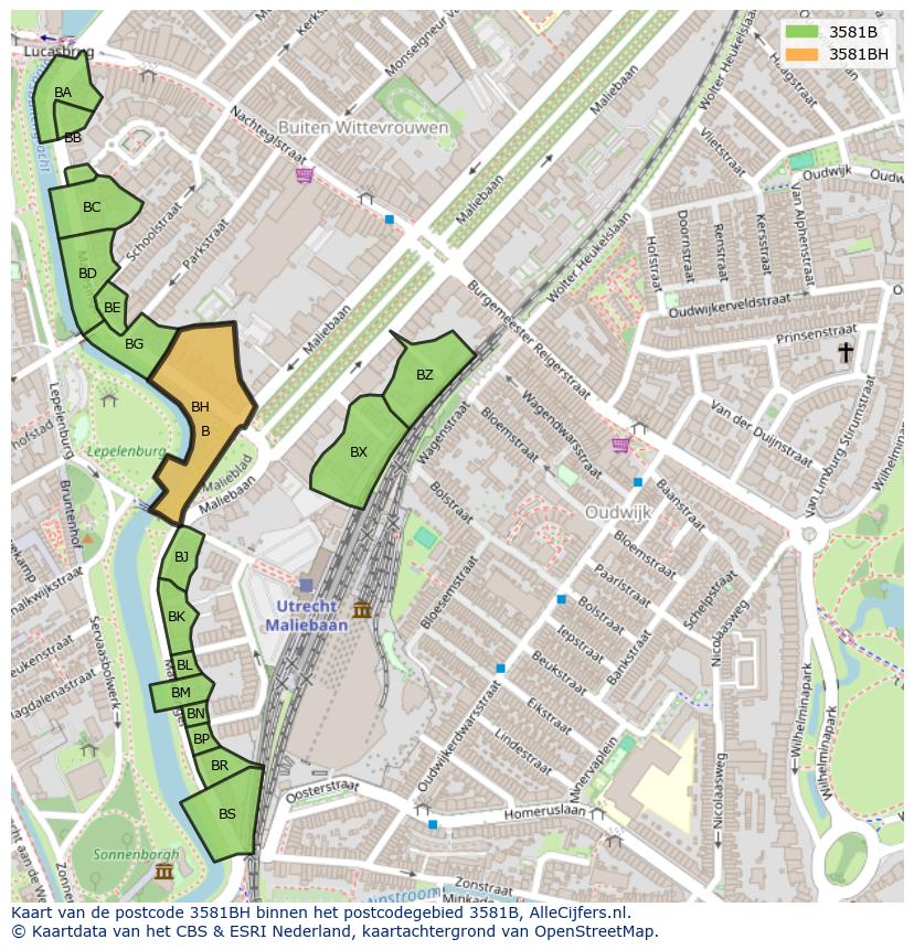 Afbeelding van het postcodegebied 3581 BH op de kaart.