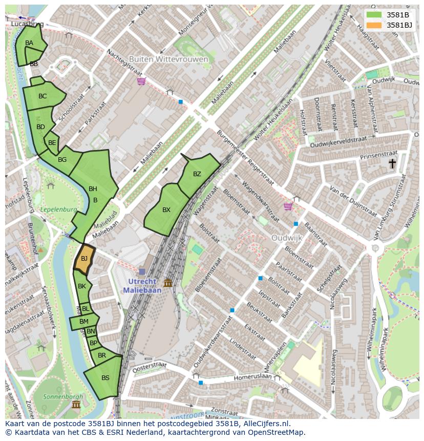 Afbeelding van het postcodegebied 3581 BJ op de kaart.