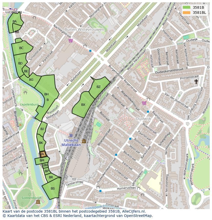 Afbeelding van het postcodegebied 3581 BL op de kaart.