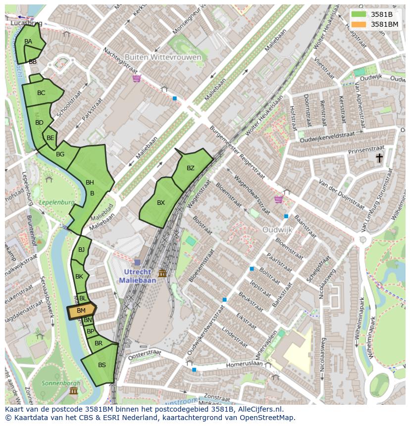 Afbeelding van het postcodegebied 3581 BM op de kaart.