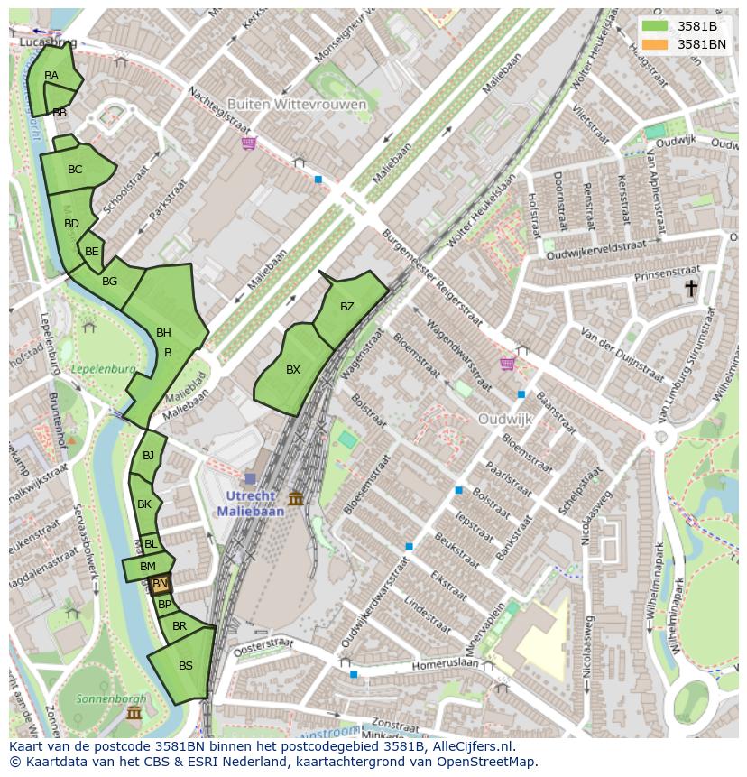 Afbeelding van het postcodegebied 3581 BN op de kaart.