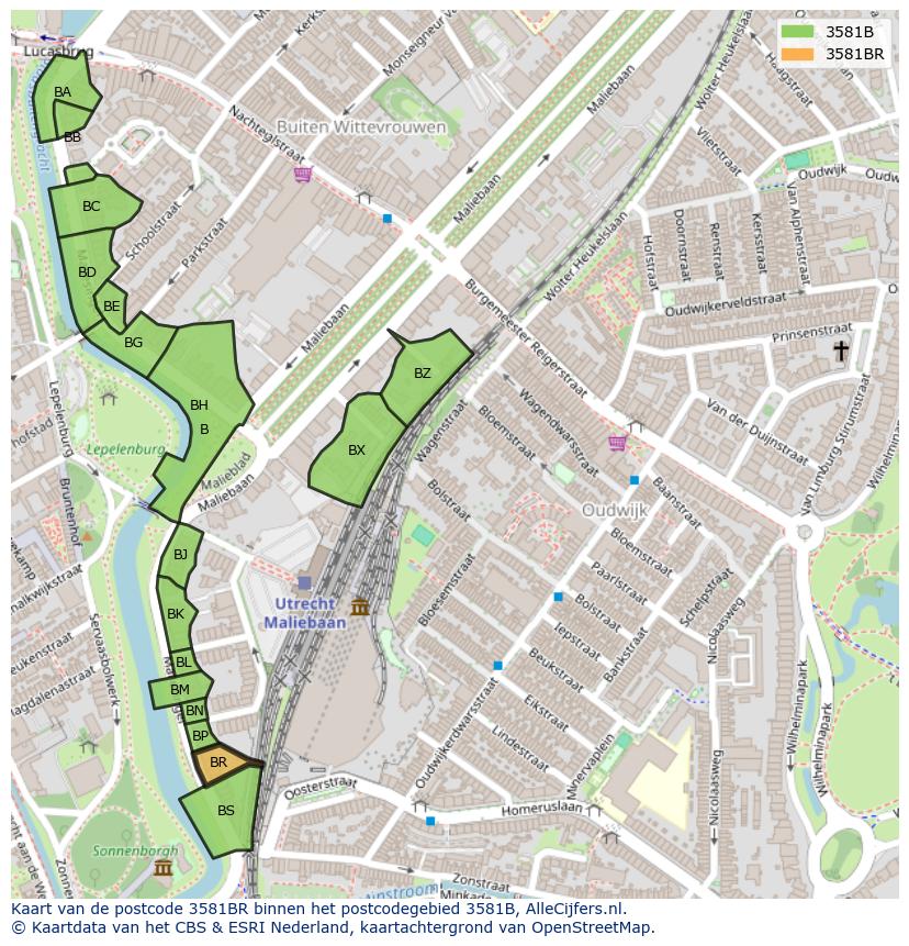 Afbeelding van het postcodegebied 3581 BR op de kaart.
