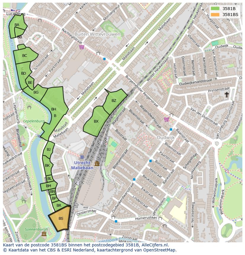 Afbeelding van het postcodegebied 3581 BS op de kaart.