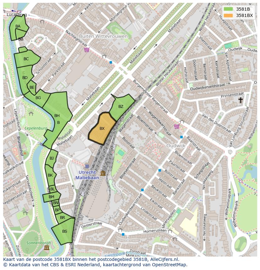 Afbeelding van het postcodegebied 3581 BX op de kaart.
