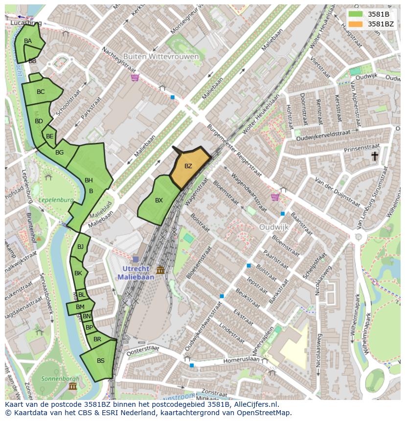 Afbeelding van het postcodegebied 3581 BZ op de kaart.