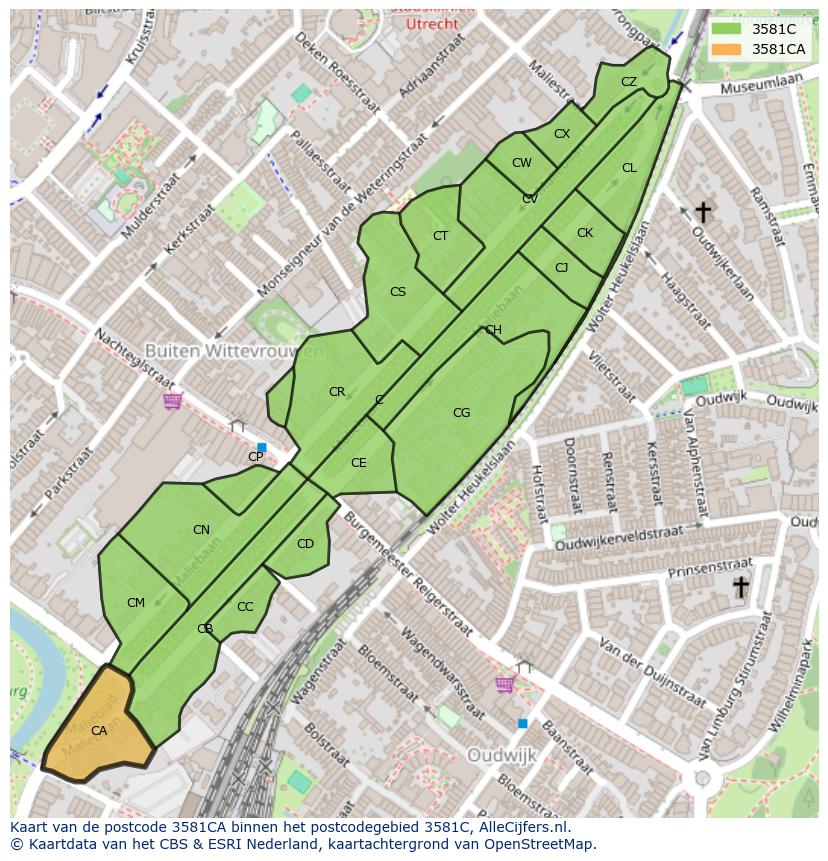 Afbeelding van het postcodegebied 3581 CA op de kaart.