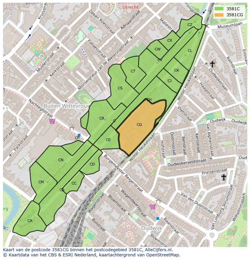 Afbeelding van het postcodegebied 3581 CG op de kaart.