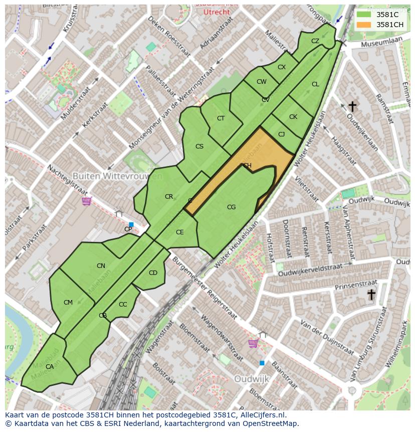 Afbeelding van het postcodegebied 3581 CH op de kaart.