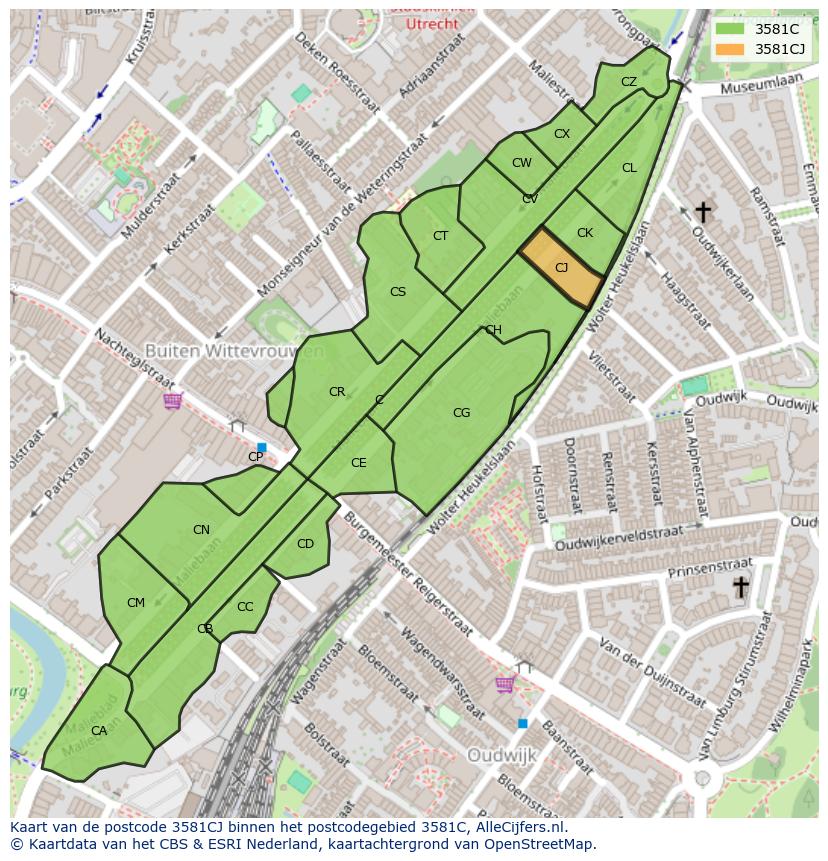 Afbeelding van het postcodegebied 3581 CJ op de kaart.
