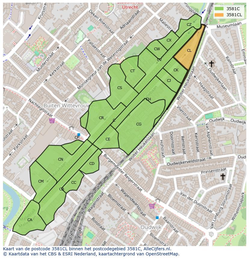 Afbeelding van het postcodegebied 3581 CL op de kaart.