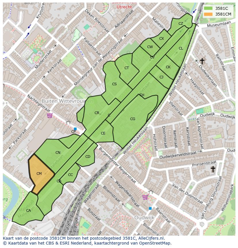 Afbeelding van het postcodegebied 3581 CM op de kaart.