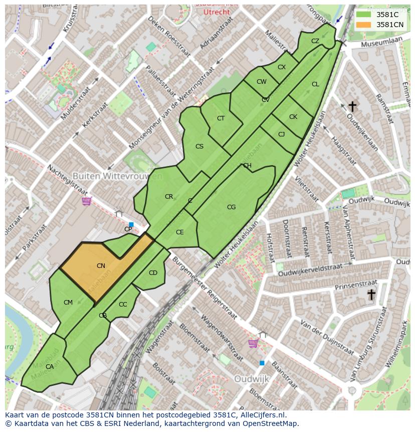 Afbeelding van het postcodegebied 3581 CN op de kaart.