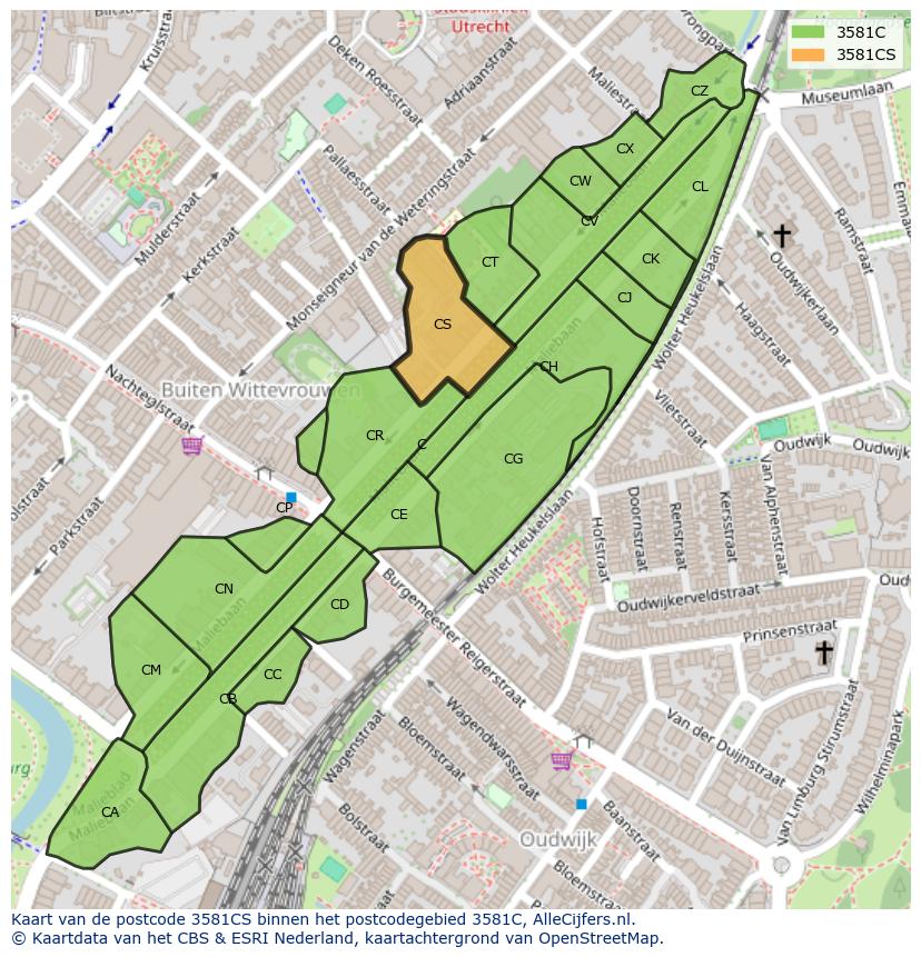 Afbeelding van het postcodegebied 3581 CS op de kaart.