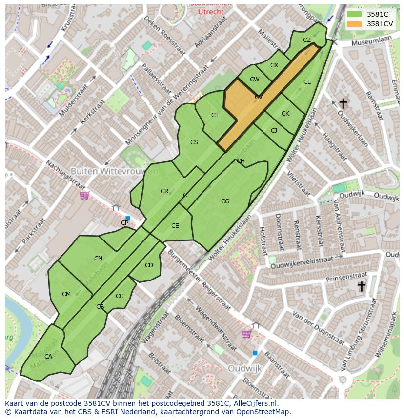 Afbeelding van het postcodegebied 3581 CV op de kaart.