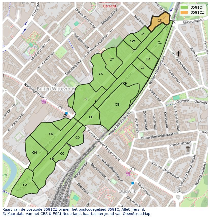 Afbeelding van het postcodegebied 3581 CZ op de kaart.
