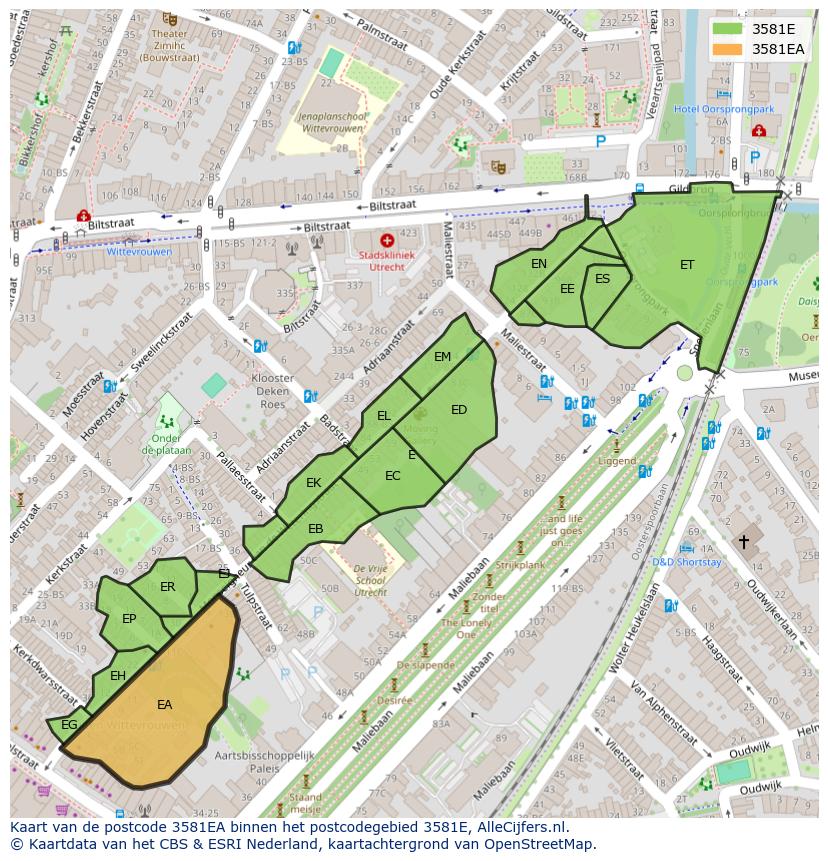 Afbeelding van het postcodegebied 3581 EA op de kaart.