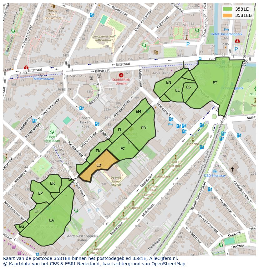 Afbeelding van het postcodegebied 3581 EB op de kaart.