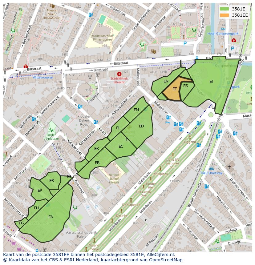 Afbeelding van het postcodegebied 3581 EE op de kaart.