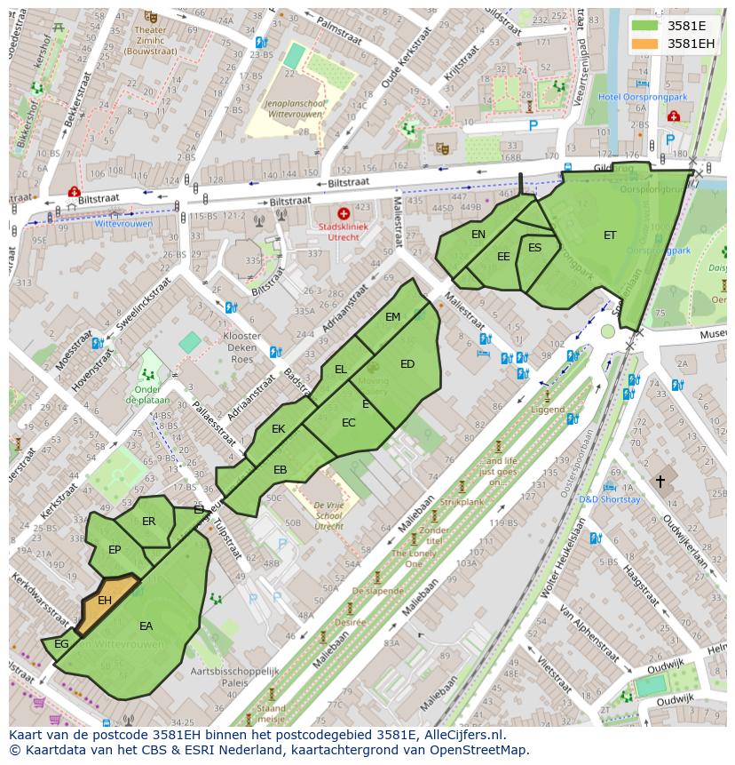 Afbeelding van het postcodegebied 3581 EH op de kaart.
