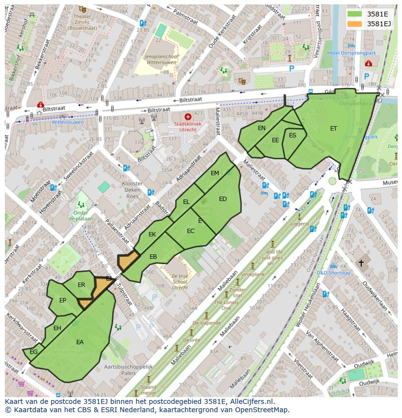 Afbeelding van het postcodegebied 3581 EJ op de kaart.