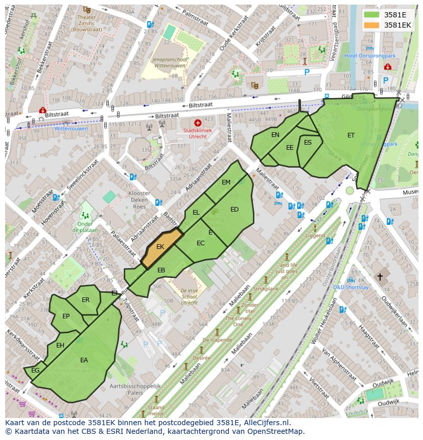 Afbeelding van het postcodegebied 3581 EK op de kaart.