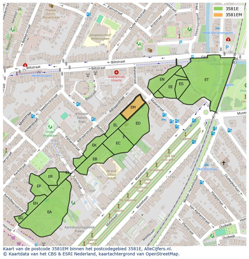 Afbeelding van het postcodegebied 3581 EM op de kaart.