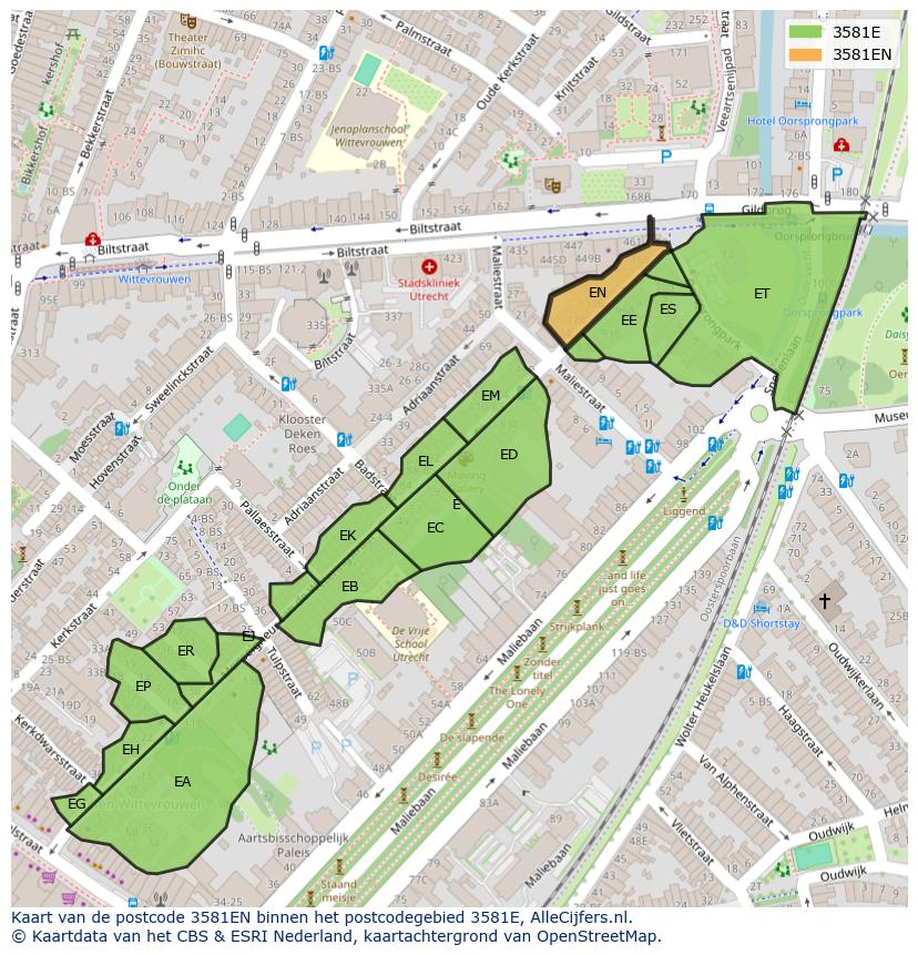 Afbeelding van het postcodegebied 3581 EN op de kaart.