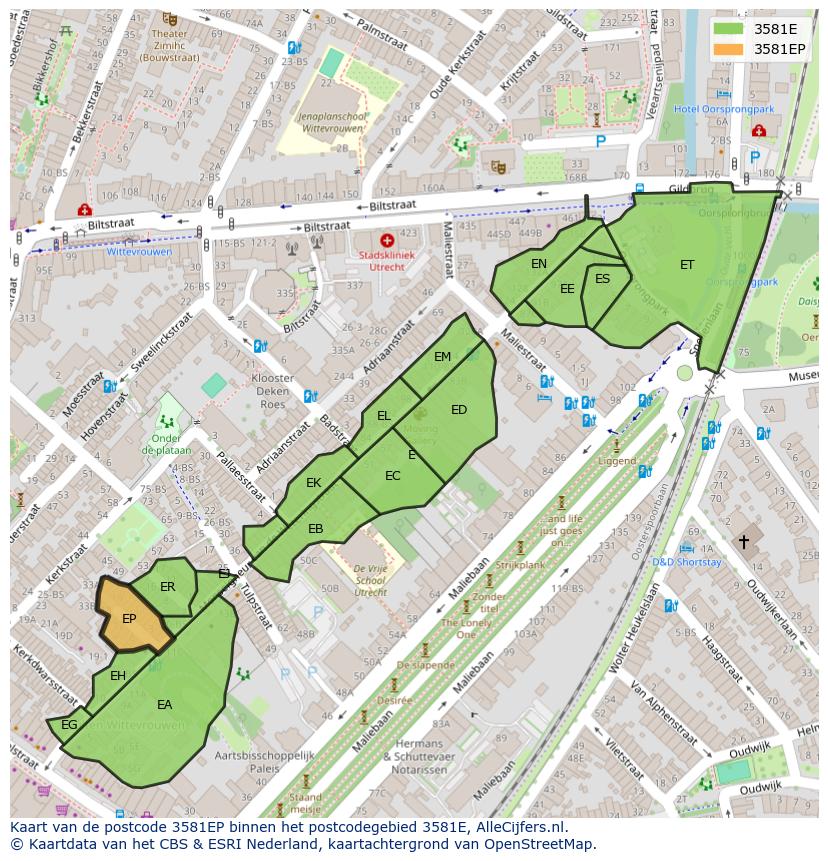 Afbeelding van het postcodegebied 3581 EP op de kaart.