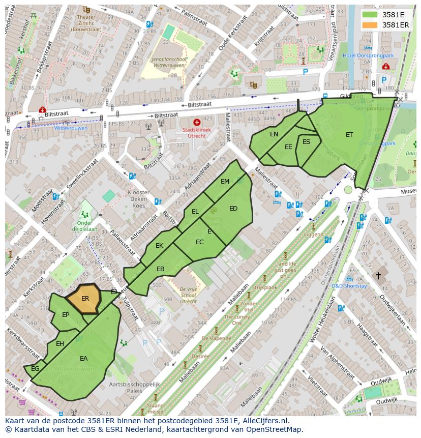 Afbeelding van het postcodegebied 3581 ER op de kaart.