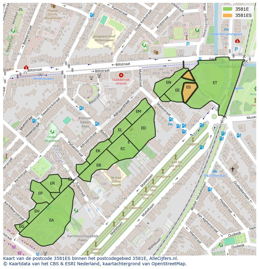 Afbeelding van het postcodegebied 3581 ES op de kaart.