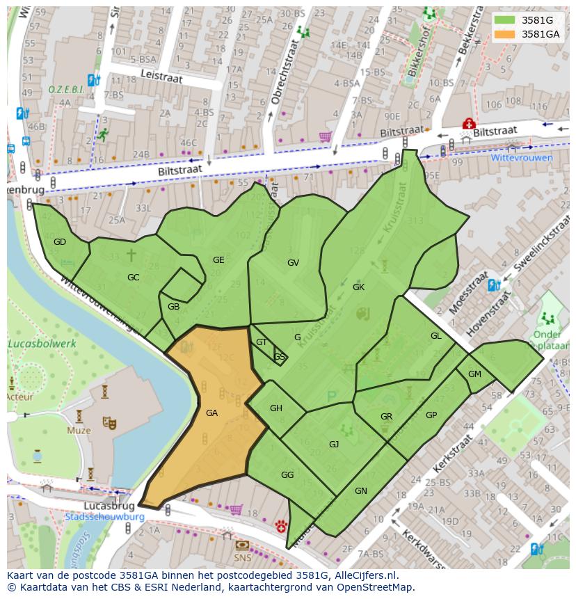 Afbeelding van het postcodegebied 3581 GA op de kaart.