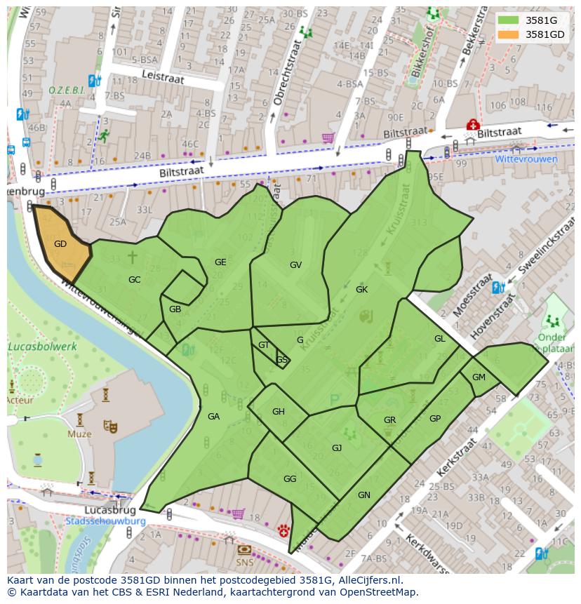 Afbeelding van het postcodegebied 3581 GD op de kaart.