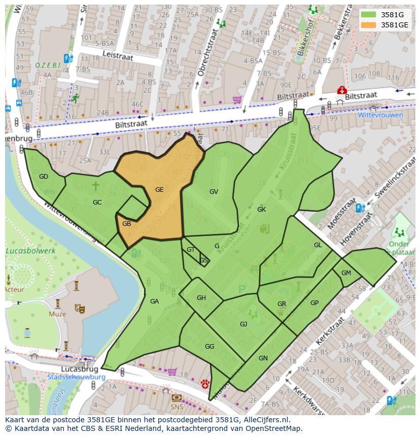 Afbeelding van het postcodegebied 3581 GE op de kaart.