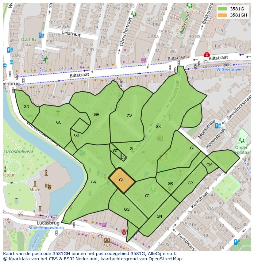 Afbeelding van het postcodegebied 3581 GH op de kaart.