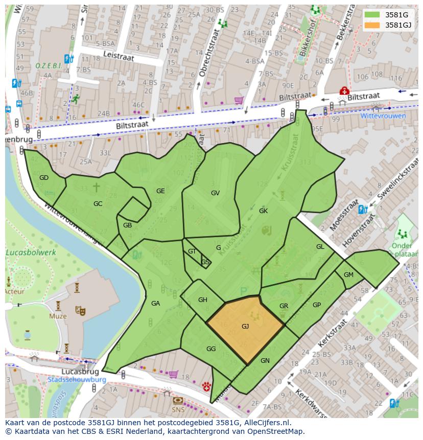 Afbeelding van het postcodegebied 3581 GJ op de kaart.