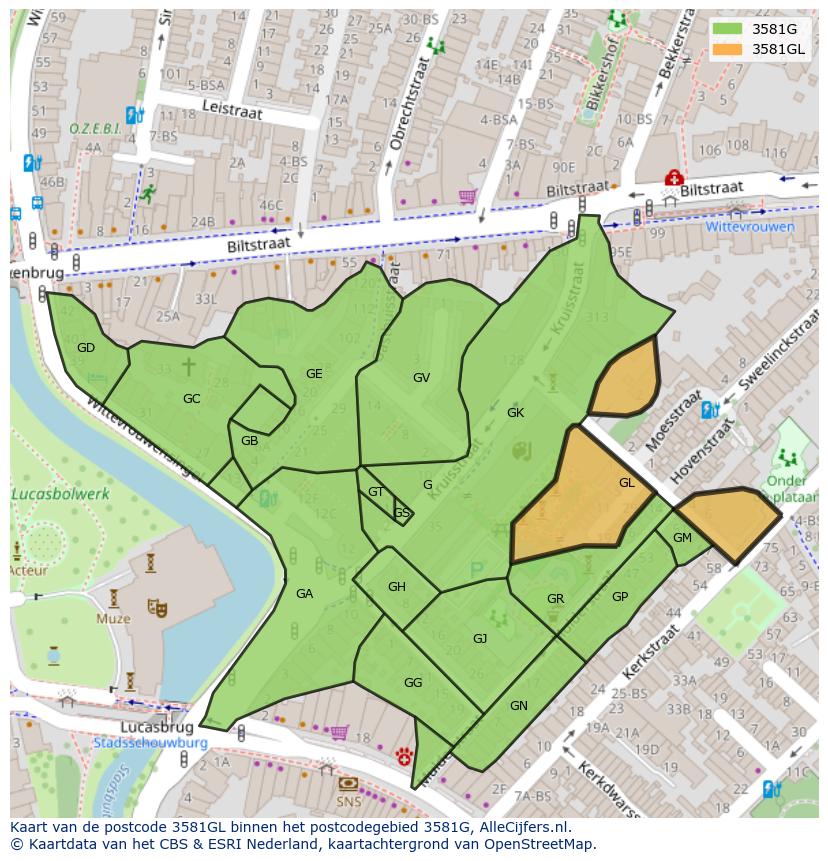 Afbeelding van het postcodegebied 3581 GL op de kaart.