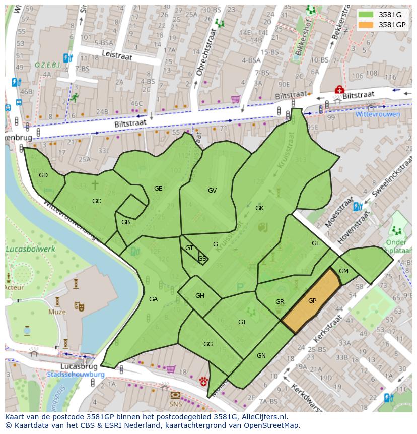 Afbeelding van het postcodegebied 3581 GP op de kaart.