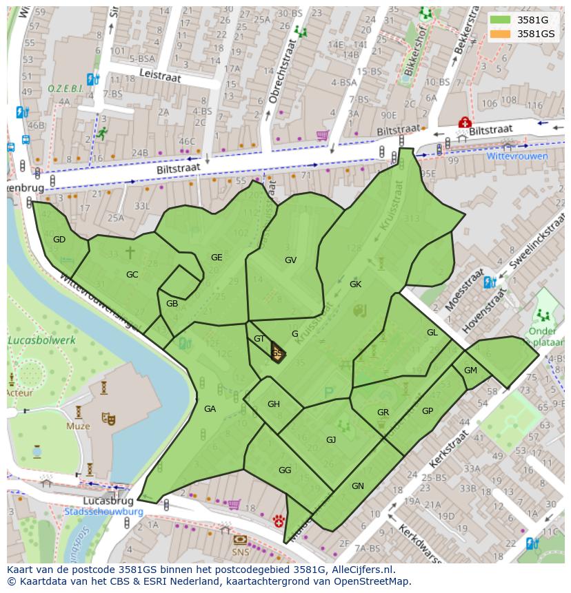 Afbeelding van het postcodegebied 3581 GS op de kaart.