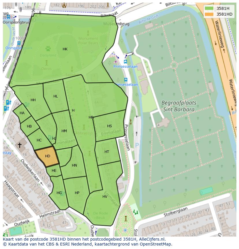 Afbeelding van het postcodegebied 3581 HD op de kaart.