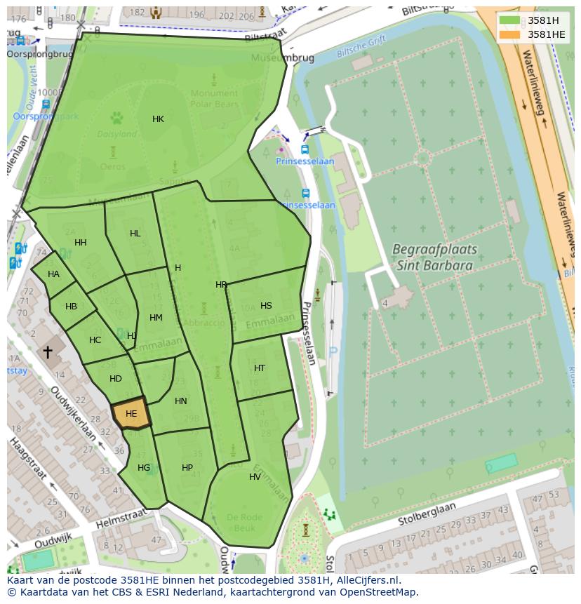Afbeelding van het postcodegebied 3581 HE op de kaart.