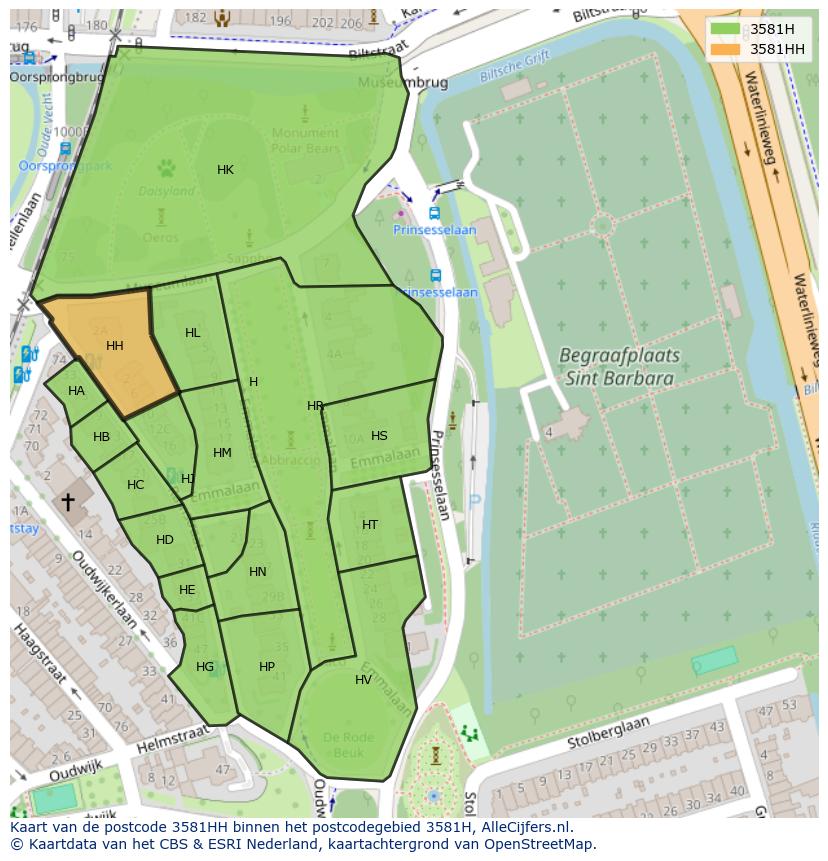 Afbeelding van het postcodegebied 3581 HH op de kaart.