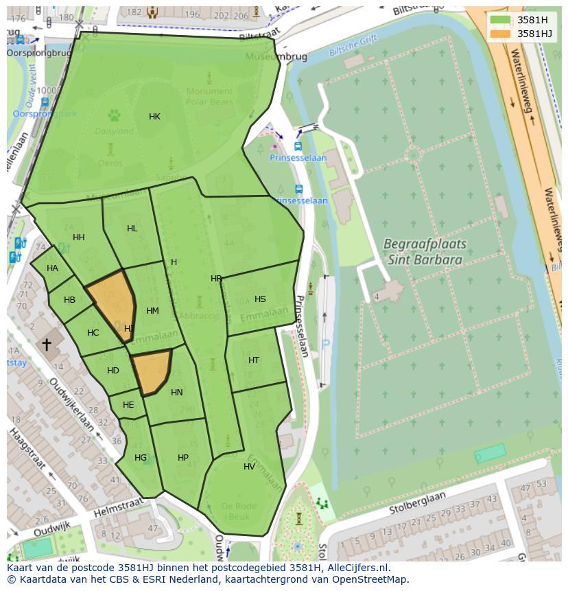 Afbeelding van het postcodegebied 3581 HJ op de kaart.