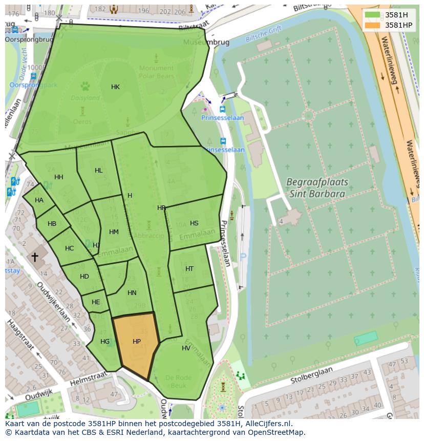 Afbeelding van het postcodegebied 3581 HP op de kaart.