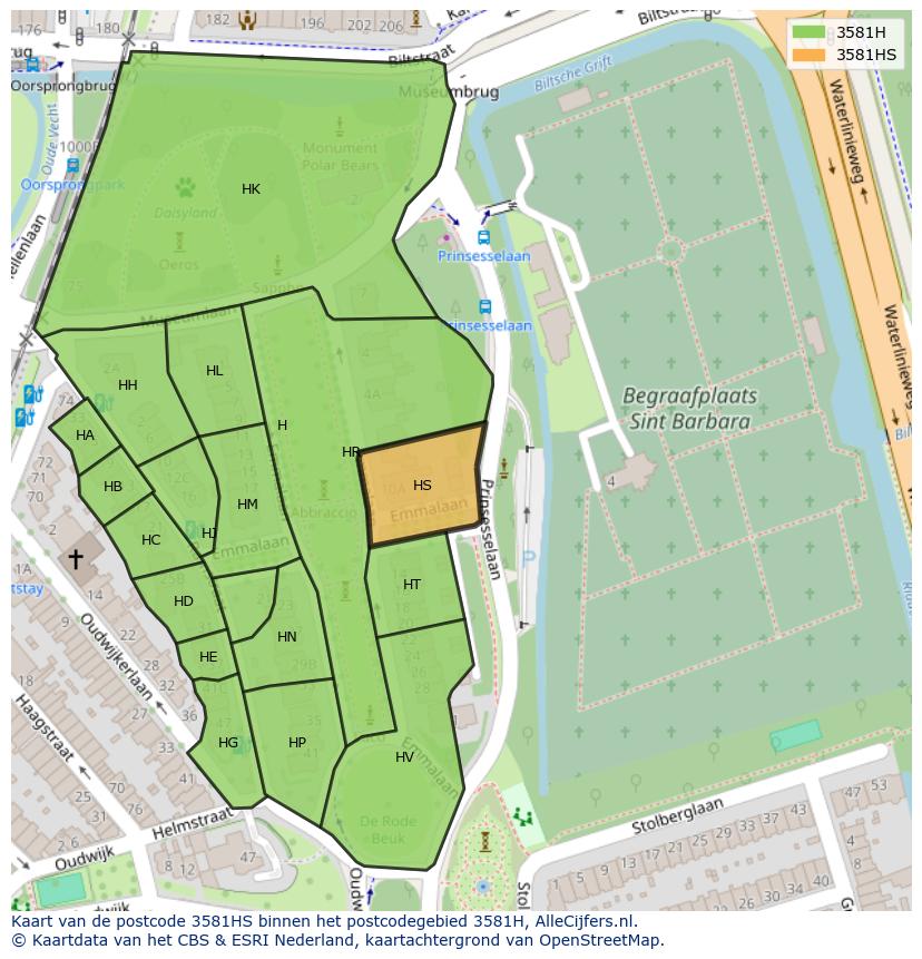 Afbeelding van het postcodegebied 3581 HS op de kaart.