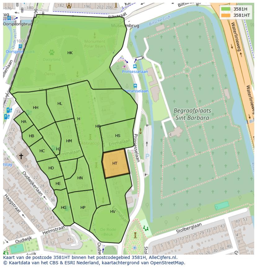 Afbeelding van het postcodegebied 3581 HT op de kaart.