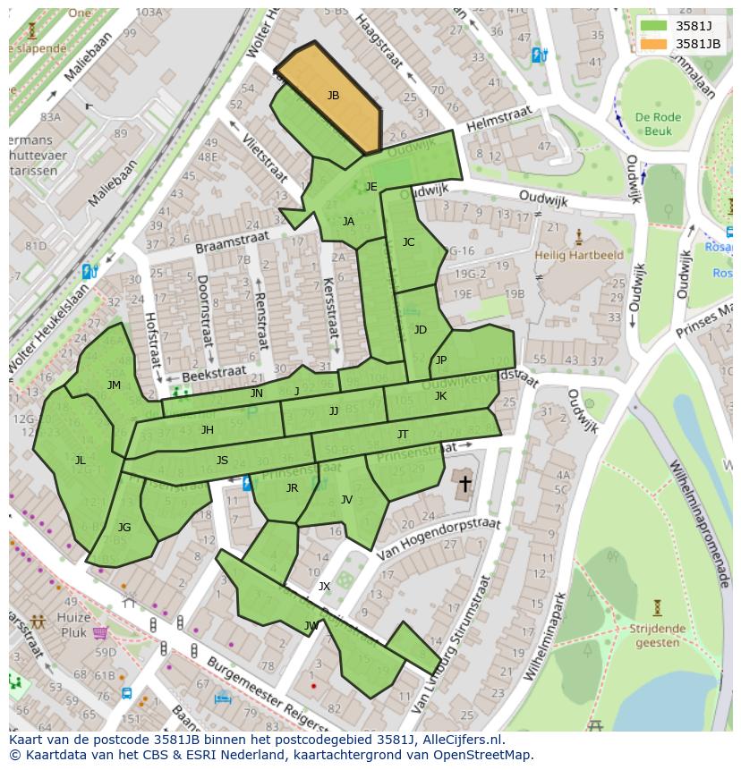 Afbeelding van het postcodegebied 3581 JB op de kaart.