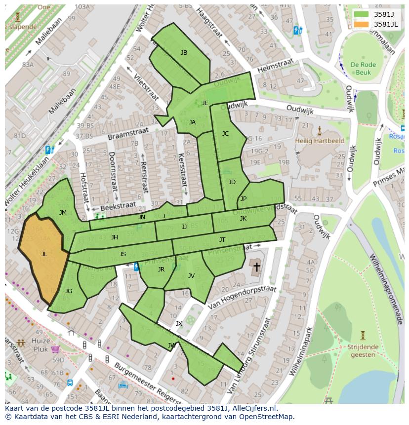 Afbeelding van het postcodegebied 3581 JL op de kaart.
