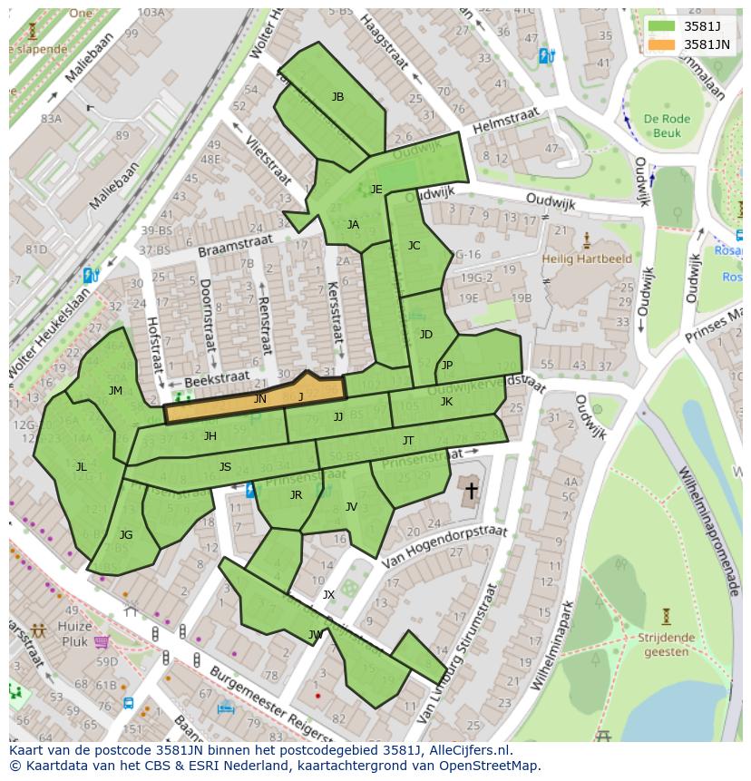 Afbeelding van het postcodegebied 3581 JN op de kaart.